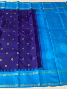 Classic Navy Blue & Cerulean Blue 2gm Zari Elegance Kanchipuram Handloom Silk Saree SS20577