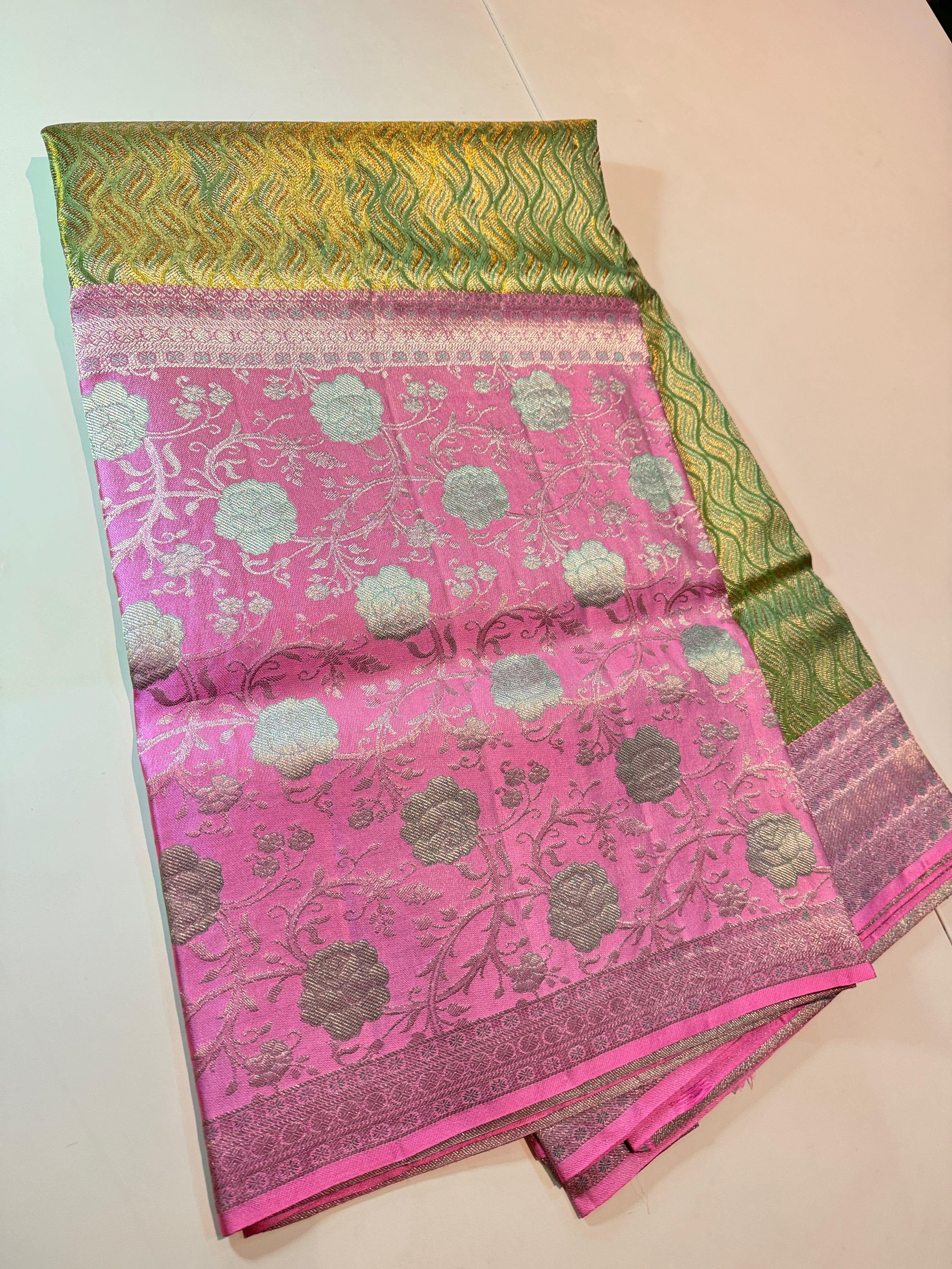 Classic Light Green & Pink 4D Handmade Brocade Meenakari Designed Bridal Elegance Kanchipuram Handloom Silk Saree SS25407