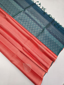Classic Rosy Peach & Metallic Blue Elegance Handloom Soft Silk Saree SS25668