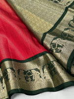Load image into Gallery viewer, Classic Crimson Red &amp; Bottle Green 2gm Zari Elegance Kanchipuram Handloom Silk Saree SS25228
