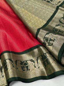 Classic Crimson Red & Bottle Green 2gm Zari Elegance Kanchipuram Handloom Silk Saree SS25228