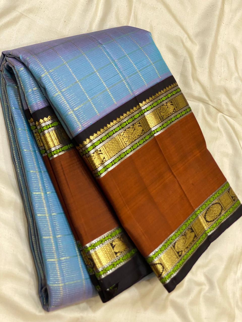 Classic Cornflower Blue & Caramel Brown 2gm Zari Vaira Oosi Checks Butta Kanchipuram Handloom Silk Saree SS26321