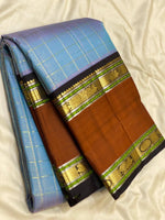 Load image into Gallery viewer, Classic Cornflower Blue &amp; Caramel Brown 2gm Zari Vaira Oosi Checks Butta Kanchipuram Handloom Silk Saree SS26321
