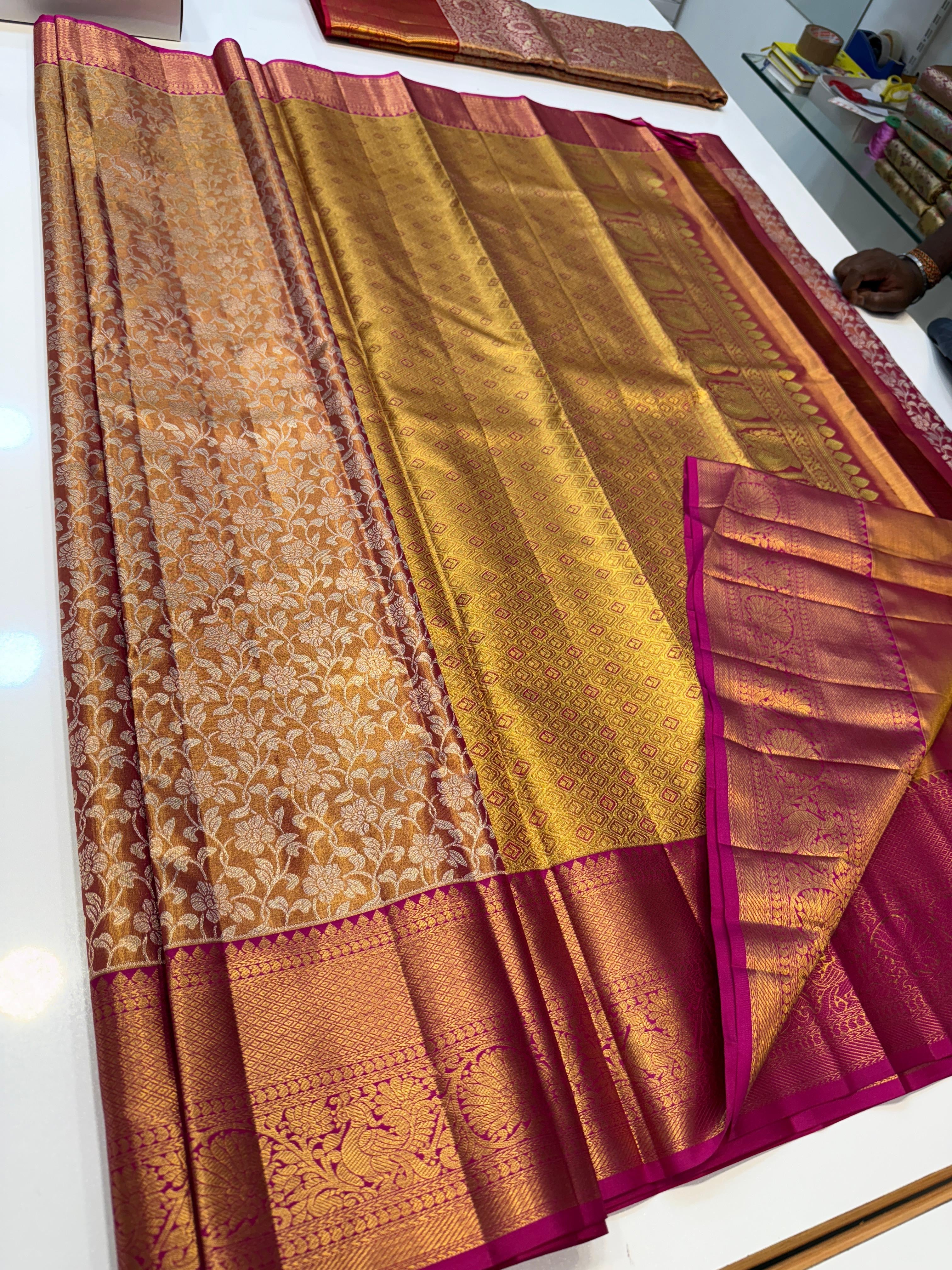 Classic Shimmer Gold & Ruby Pink Bridal Elegance Kanchipuram Tissue Handloom Silk Saree SS26009