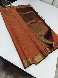 Classic Apricot Orange & Coffee 2gm Zari Elegance Kanchipuram Silk Saree SS23847