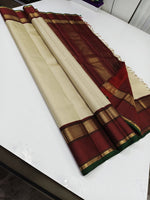 Load image into Gallery viewer, Classic Butter Cream &amp; Sangria Red 2gm Zari Korvai Brocade Elegance Kanchipuram Silk Saree SS23895
