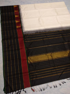 Classic Butter Cream & Charcoal Black Elegance Kanchipuram Handloom Silk Saree SS24505