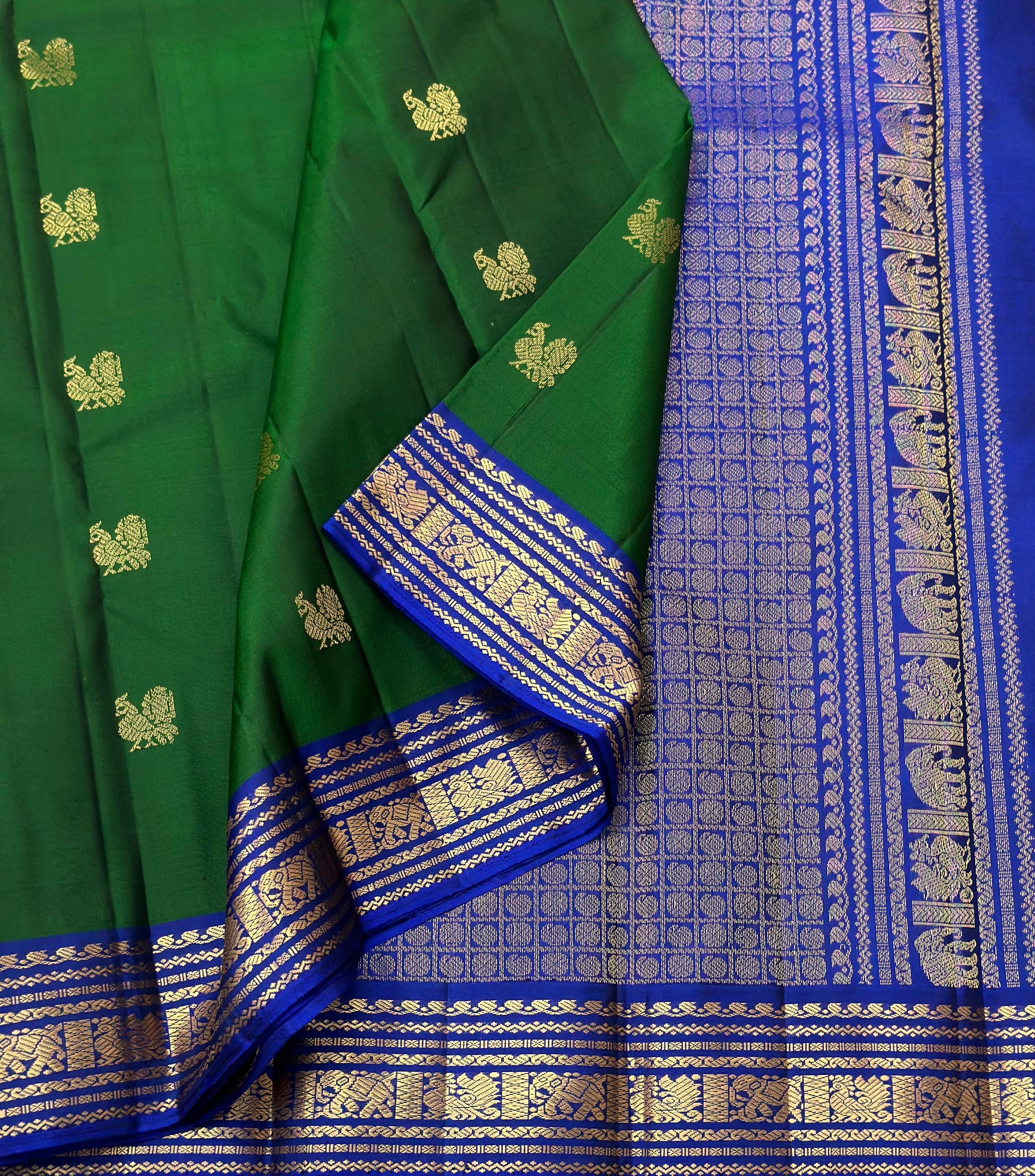 Classic Dark Green & Royal Blue 1gm Zari Elegance Kanchipuram Handloom Silk Saree SS24725