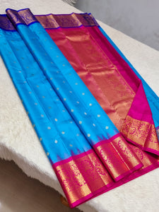 Classic Sky Blue & Fuchsia Pink 1gm Zari Kanchipuram Handloom Silk Saree SS25684