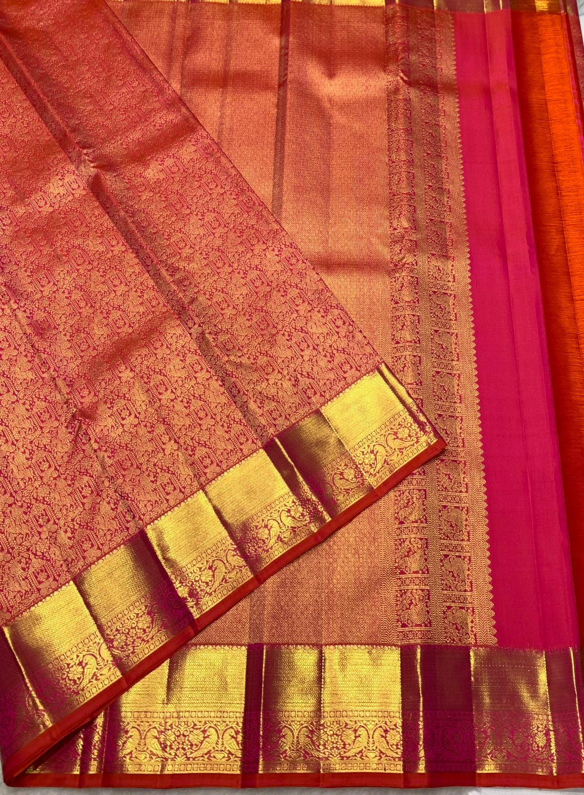 Classic Pinkish Orange 2gm Zari Bridal Elegance Kanchipuram Handloom Silk Saree SS25267
