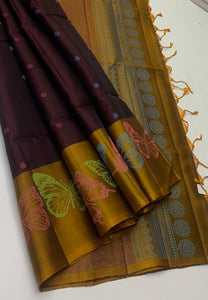 Dark Chocolate & Mustard Elegance Handloom Soft Silk Saree SS24555