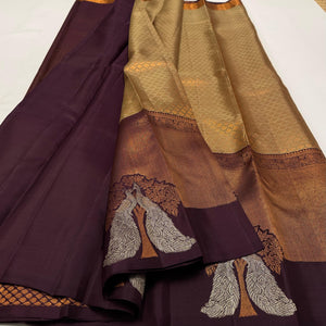 Classic Shimmer Beige & Coffee Brown 1gm Zari Elegance Kanchipuram Handloom Silk Saree SS24848