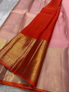 Classic Pastel Pink & Chilly Red 2gm Zari Bridal Elegance Kanchipuram Handloom Silk Saree SS26271