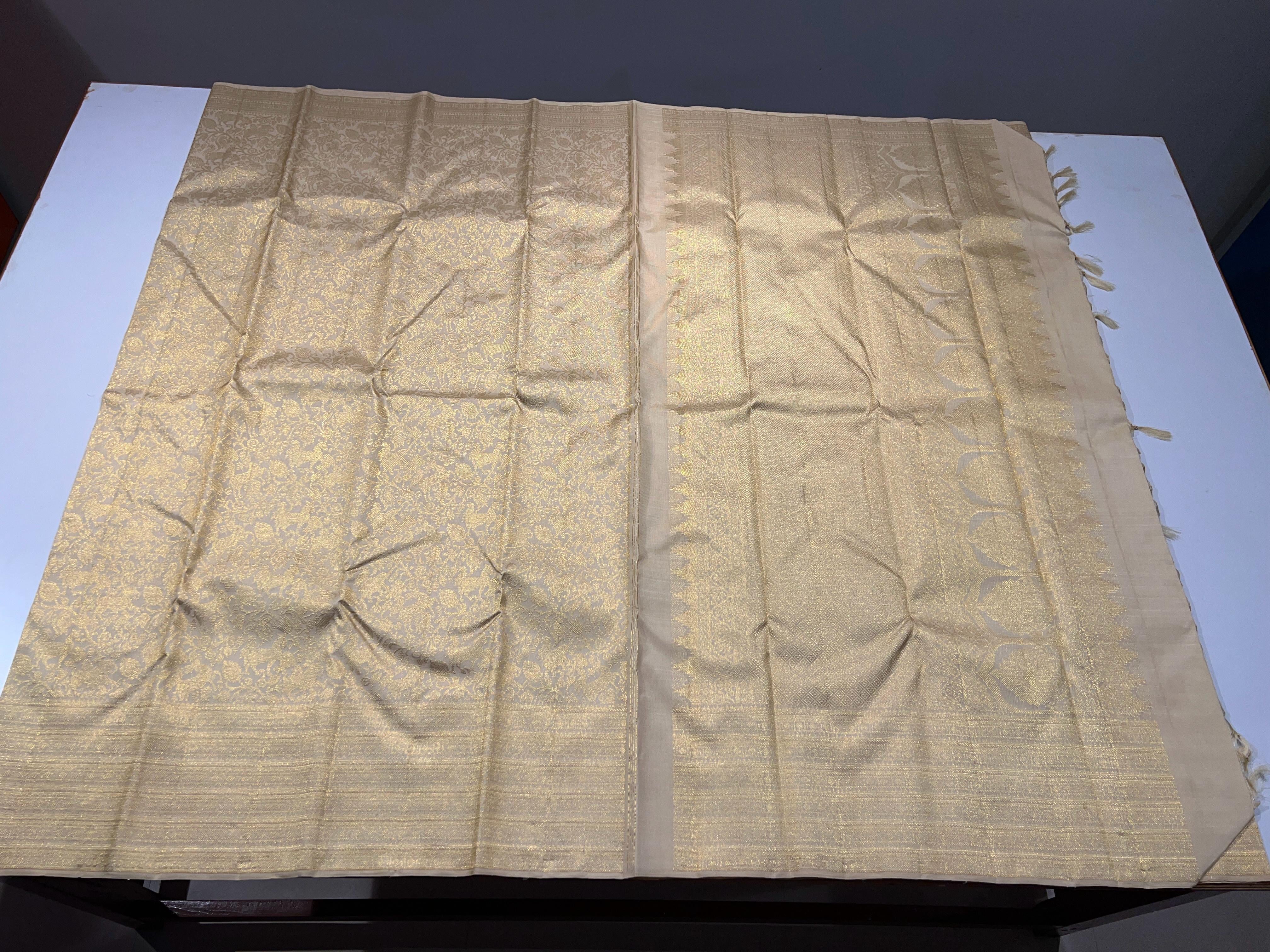 Classic Christian Bridal Cream 2gm Zari Brocade Bridal Elegance Kanchipuram Handloom Silk Saree SS24773