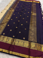 Load image into Gallery viewer, Classic Pearl Cream &amp; Berry Wine Blue Elegance Kanchipuram Handloom Silk Saree SS26956
