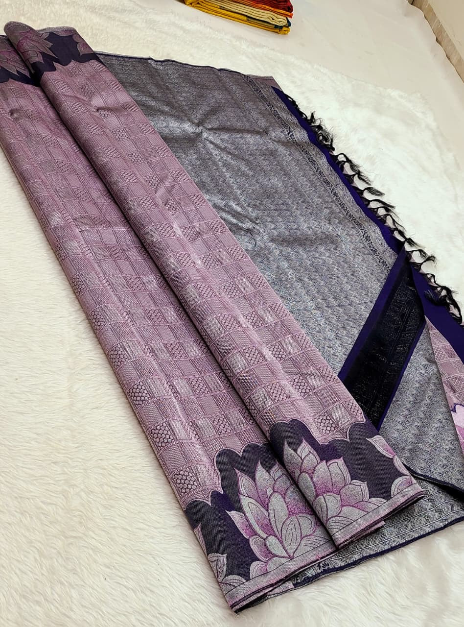 Classic Onion Pink & Navy Blue 2gm Zari Kanchipuram Handloom Silk Saree SS26363