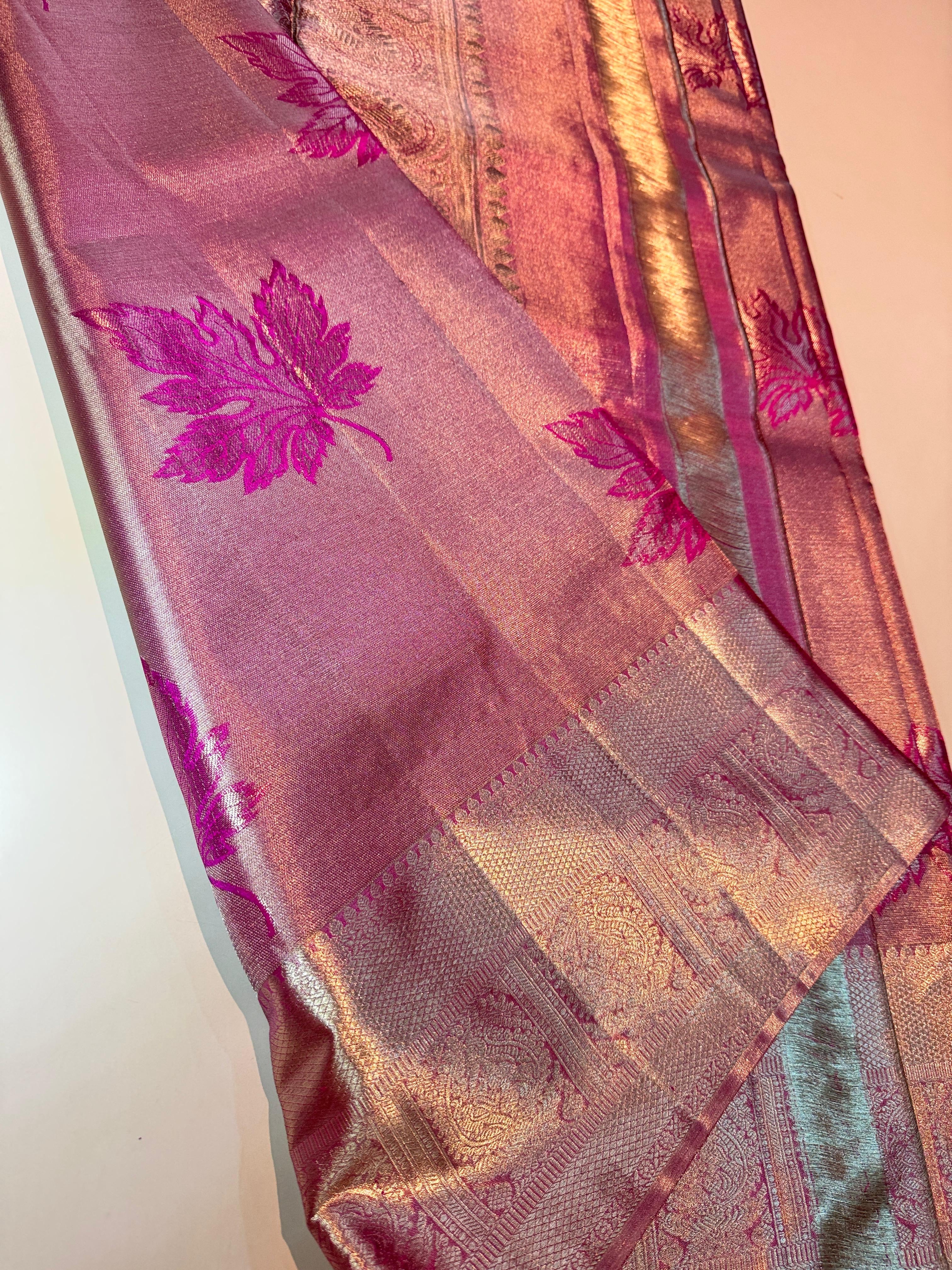 Classic Pastel Onion Pink Maple Leaf Designed 2gm Zari Bridal Elegance Kanchipuram Handloom Silk Saree SS25945