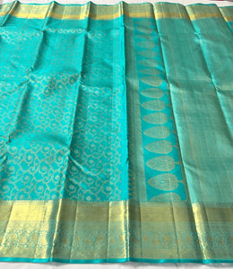 Classic Turquoise 2gm Zari Bridal Elegance Kanchipuram Handloom Silk Saree SS23867