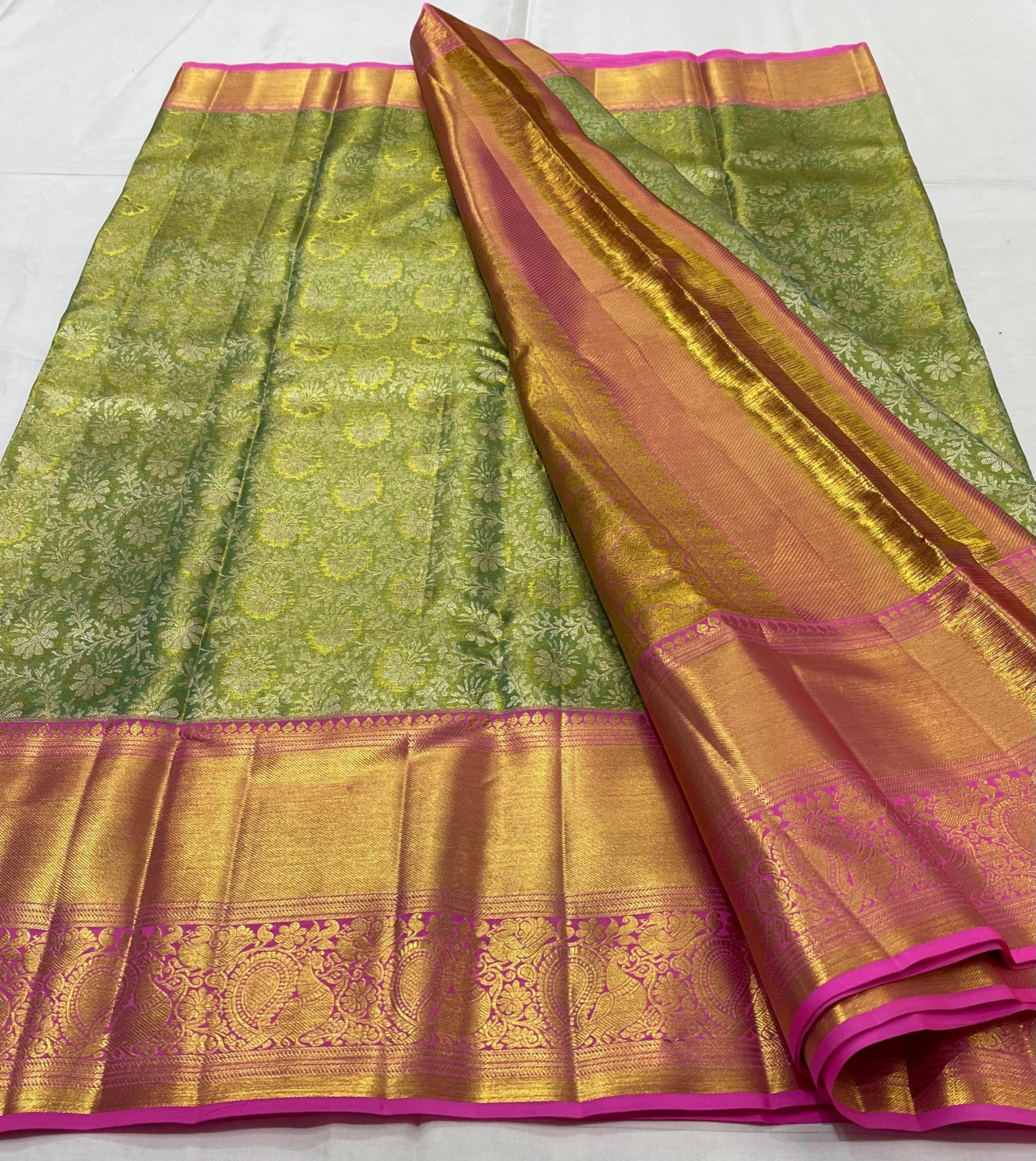 Pastel Green & Fuchsia Pink 2gm Zari Brocade Bridal Elegance Kanchipuram Handloom Silk Saree SS23641