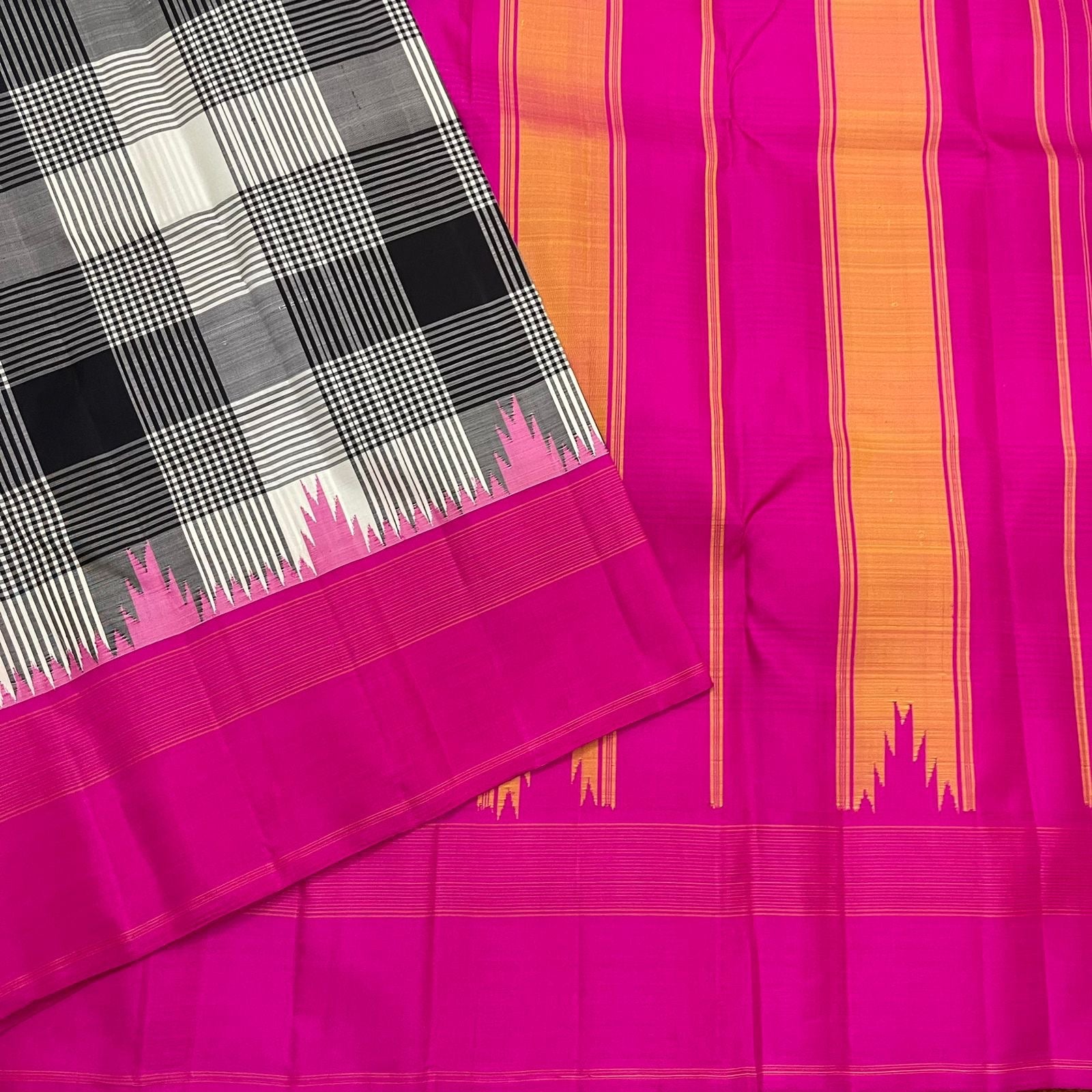 Classic Black & White Checks Deep Pink 1gm Zari Elegance Kanchipuram Handloom Silk Saree SS24713