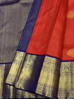 Load image into Gallery viewer, Classic Brick Orange &amp; Royal Blue 2gm Zari Vaira Oosi Checks Elegance Kanchipuram Handloom Silk Saree SS27618
