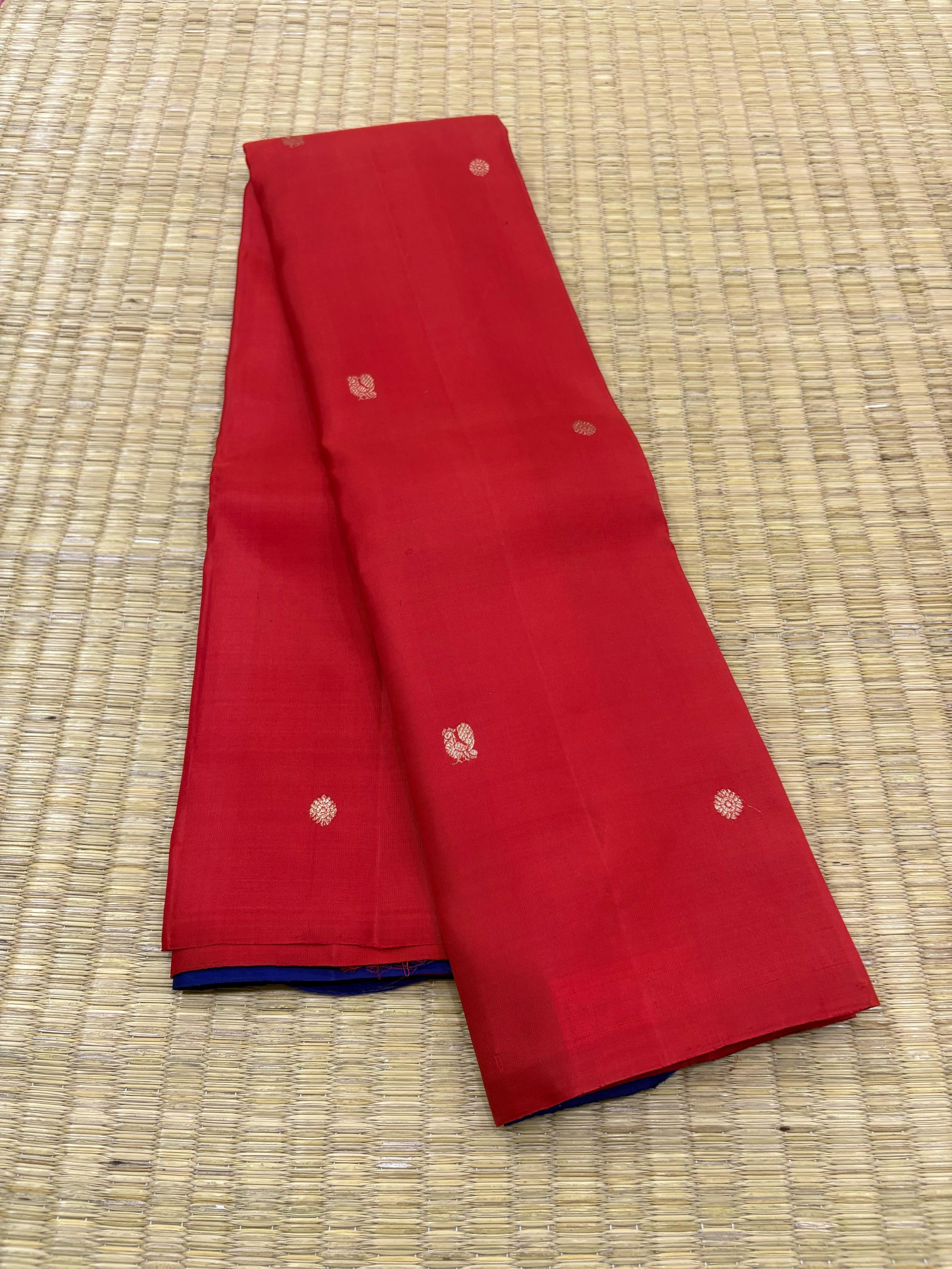 Classic Tomato Red & Blue 1gm Zari  Elegance Kanchipuram Handloom Silk Saree SS24761