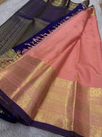 Load image into Gallery viewer, Classic Peach Rose &amp; Navy Blue 2gm Zari Elegance Kanchipuram Handloom Silk Saree SS24629
