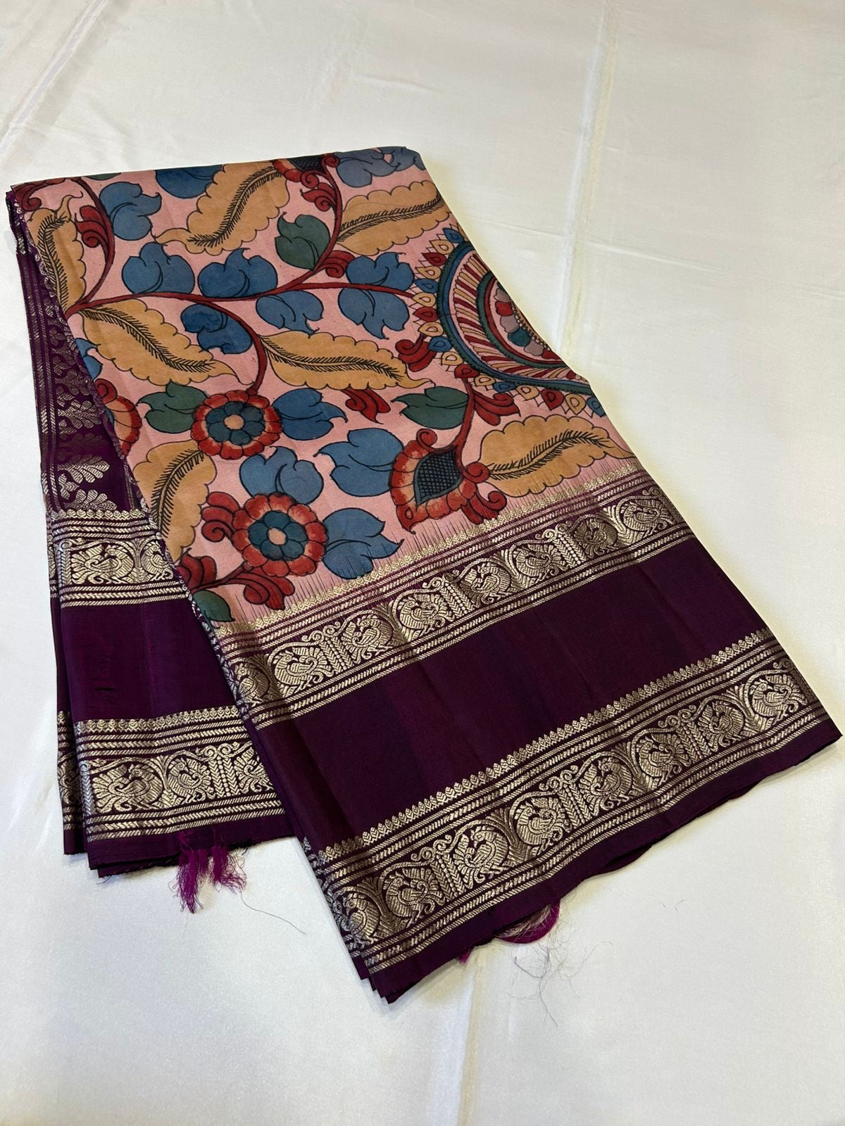 Classic Purple Pen Kalamkari Peacock Floral Elegance Kanchipuram Handloom Silk Saree SS24436