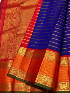 Classic Blue & Scarlet Red 3gm Zari Vaira Oosi Beldari Design Elegance Kanchipuram Handloom Silk Saree SS24443