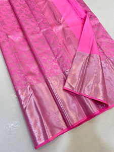 Classic Barbie Pink Silver 2gm Zari Bridal Elegance Kanchipuram Handloom Silk Saree SS24362