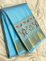 Load image into Gallery viewer, Classic Sky Blue 2gm Zari Paithani Vaira Oosi Checks Kanchipuram Handloom Silk Saree SS26505
