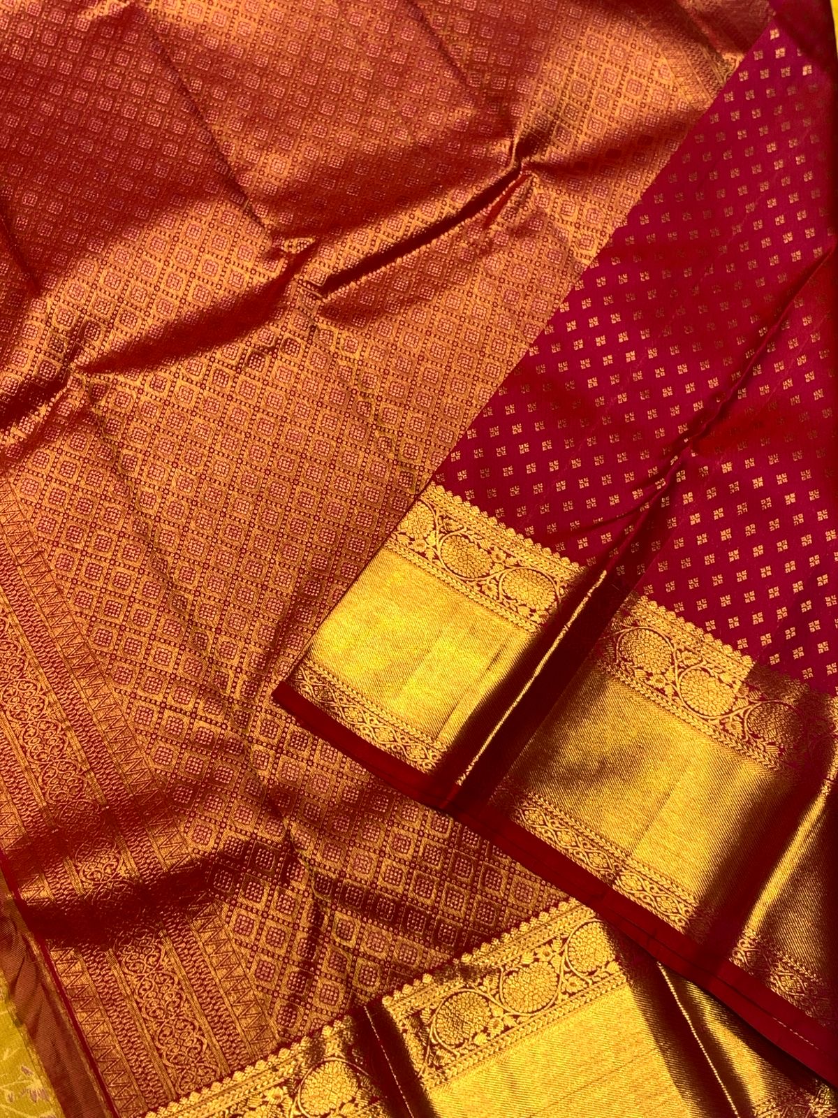 Classic Mustard & Red 2gm Zari Elegance Kanchipuram Handloom Silk Saree SS24786