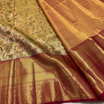 Load image into Gallery viewer, Classic Golden Cream &amp; Maroon Korvai 1gm Zari Bridal Elegance Kanchipuram Tissue Handloom Silk Saree SS26299
