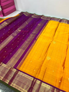 Classic Mango Yellow & Plum 2gm Zari Kanchipuram Handloom Silk Saree SS25995