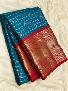 Classic Prussian Blue & Chilli Red 2gm Zari Beldari Checks Elegance Kanchipuram Handloom Silk Saree SS24613