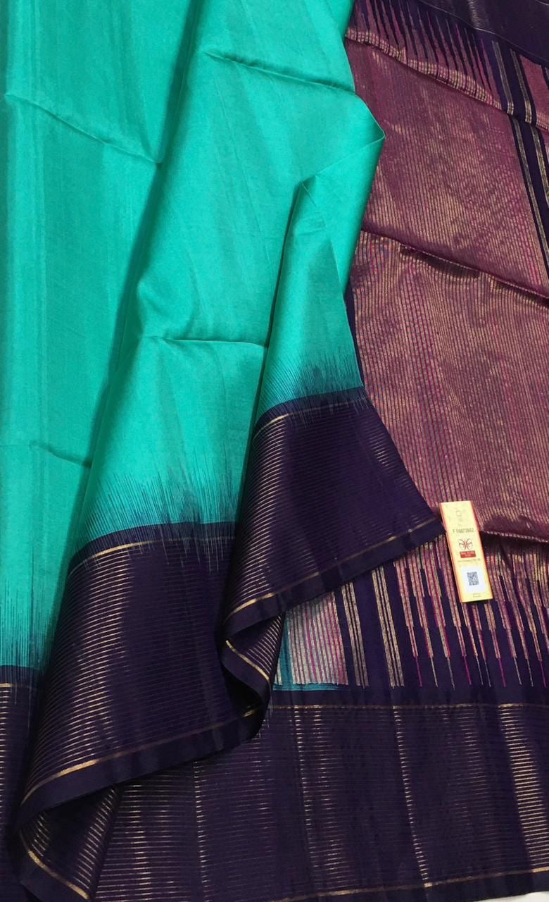 Classic Sea Green & Navy Blue Elegance Handloom Soft Silk Saree SS26479