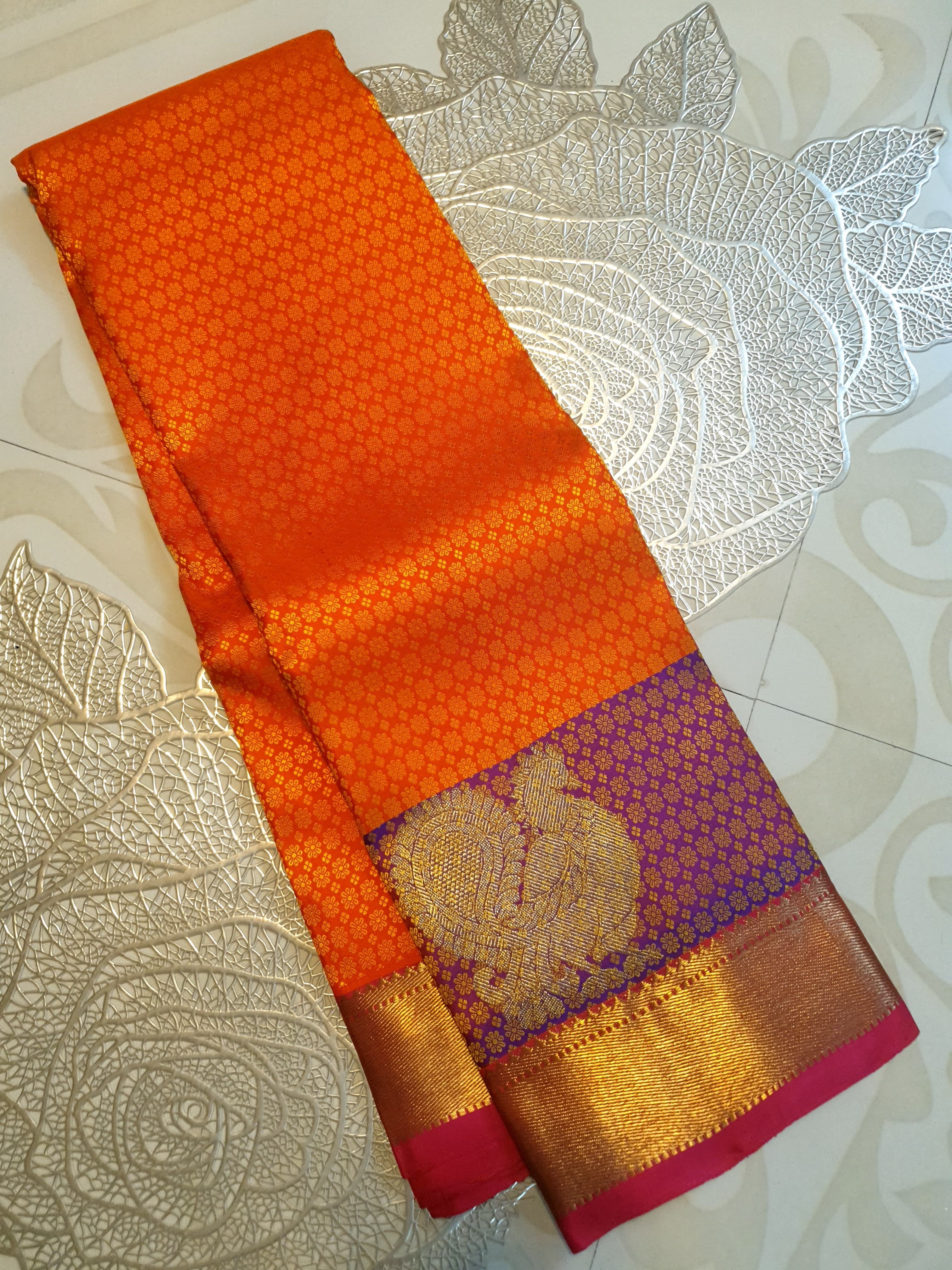 Classic Tangerine Orange 1gm Zari Elegance Kanchipuram Handloom Silk Saree SS23731