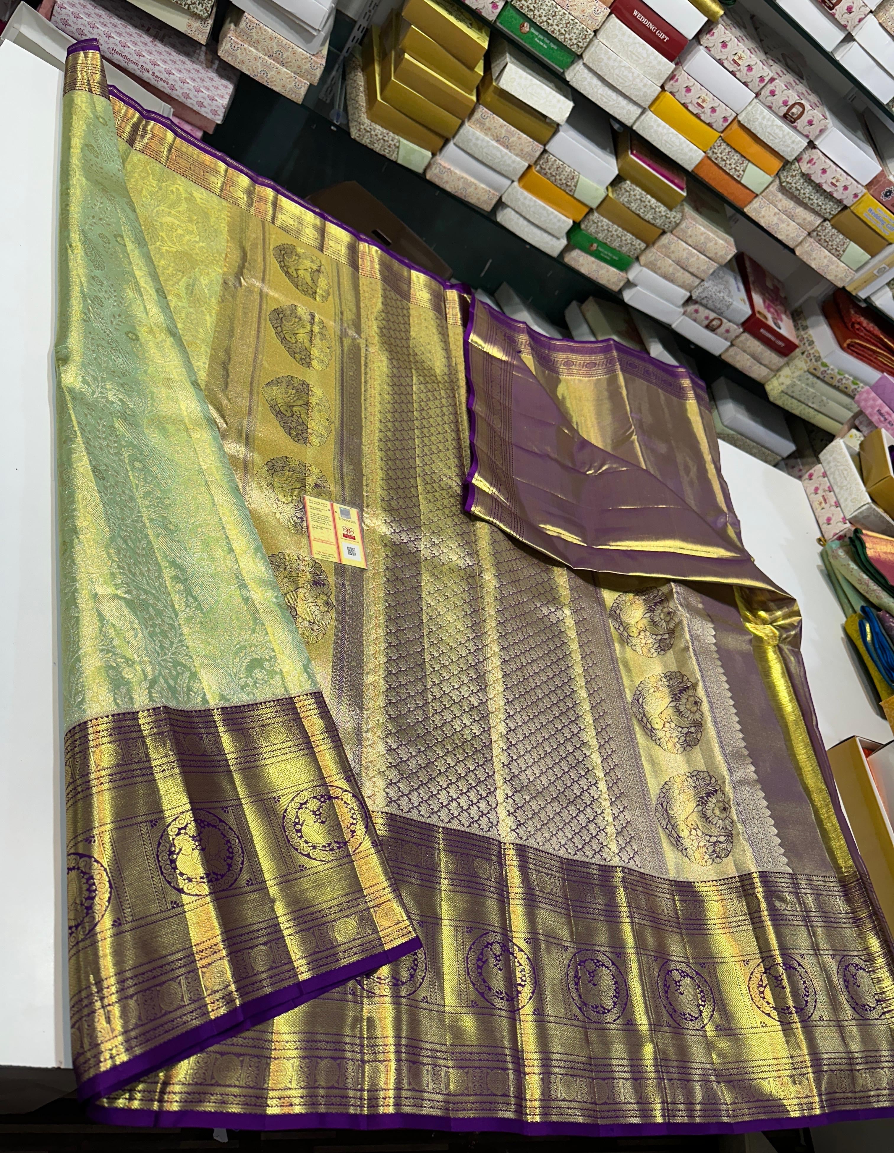 Classic Light Green & Violet Brocade Tissue Bridal Elegance Kanchipuram Handloom Silk Saree SS25265