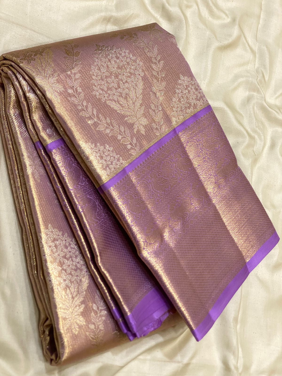 Pastel Lavender 2gm Zari Brocade Tissue Bridal Elegance Kanchipuram Handloom Silk Saree SS26664