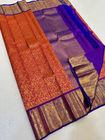 Load image into Gallery viewer, Classic Orange &amp; Violet Elegance Kanchipuram Handloom Silk Saree SS24699
