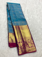 Load image into Gallery viewer, Classic Azure Blue &amp; Vadamalli Purple 2gm Zari Bridal Elegance Kanchipuram Handloom Silk Saree SS25355
