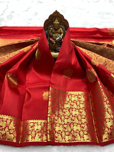 Classic Carmine Red 2gm Zari Bridal Elegance Kanchipuram Handloom Silk Saree SS25766