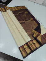 Load image into Gallery viewer, Classic Butter Cream &amp; Charcoal Black 2gm Zari Elegance Kanchipuram Handloom Silk Saree SS27625
