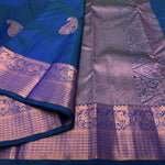 Load image into Gallery viewer, Classic Peacock Blue Rose Gold Zari Elegance Kanchipuram Handloom Silk Saree SS23585
