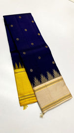 Load image into Gallery viewer, Classic Royal Blue Cream &amp; Yellow Kanchipuram Handloom Silk Saree SS26263
