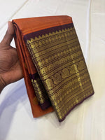 Load image into Gallery viewer, Classic Rustic Orange &amp; Brown 2gm Zari Elegance Kanchipuram Handloom Silk Saree SS27909

