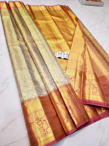 Classic Butter Cream & Dusky Pink Bridal Elegance Kanchipuram Handloom Silk Saree SS25700