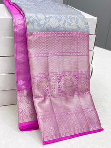 Classic Grey & Fuchsia Pink 2gm Zari Elegance Kanchipuram Handloom Silk Saree SS24261