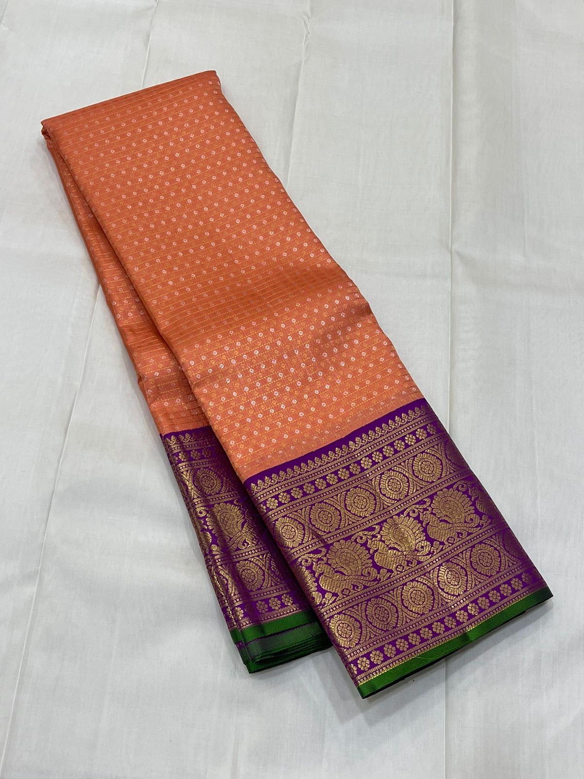 Classic Peach & Violet Elegance Kanchipuram Handloom Silk Saree SS24716