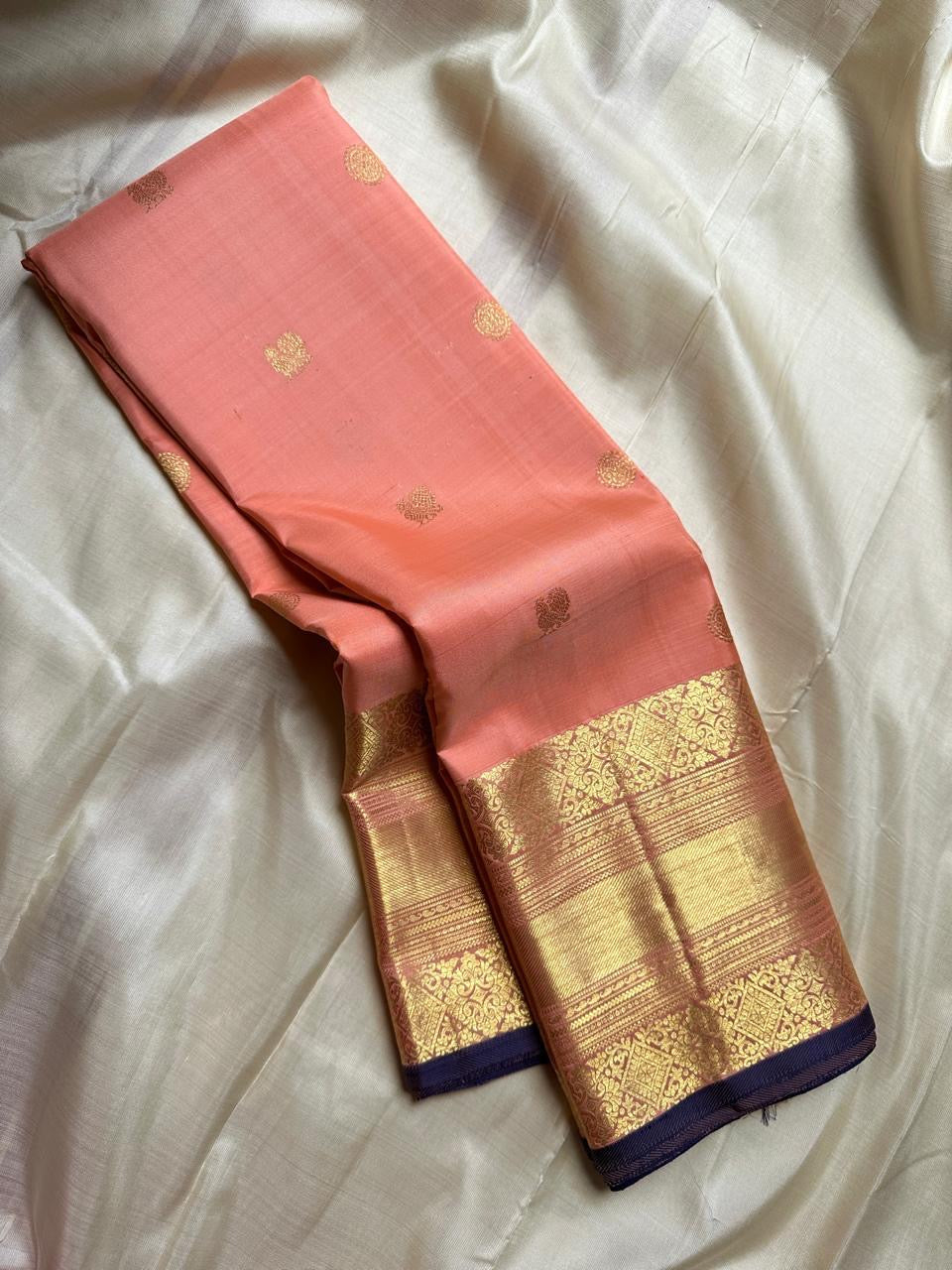 Classic Peach Rose & Navy Blue 2gm Zari Elegance Kanchipuram Handloom Silk Saree SS24629